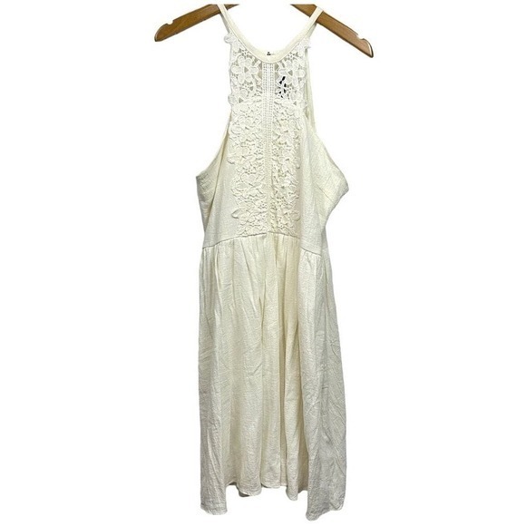 Doe & Rae Cream Lace Linen Cotton Cottage Coquette halter mini Dress Small boho - Picture 2 of 14